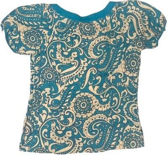 Lily Stanhope 100% Linen Turquoise and Beige Paisley Short Sleeve Blouse with Fr - Picture 6 of 10